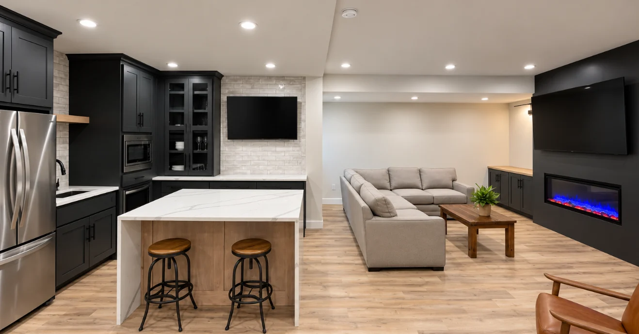 Basement kitchen and island beside seating and a wall-mounted electric fireplace